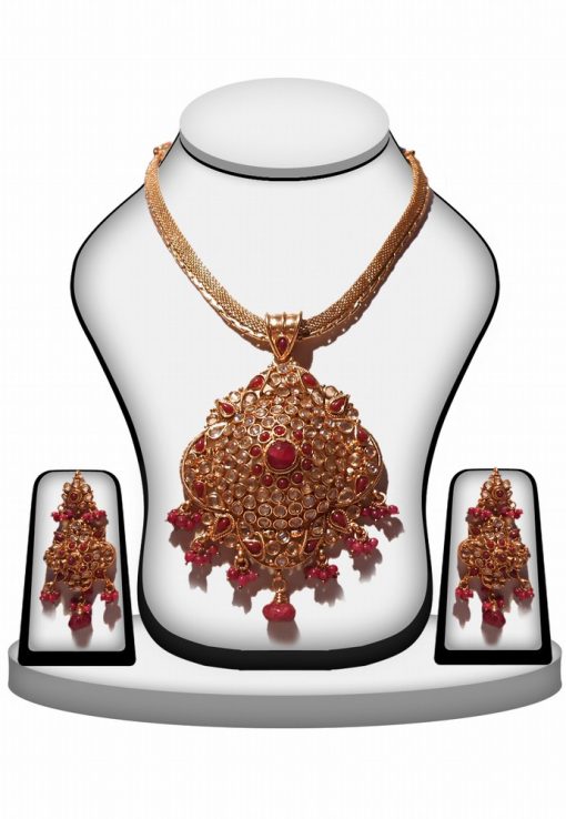 Buy Designer Bridal Polki Pendant set in Pink Stone and Beads-0