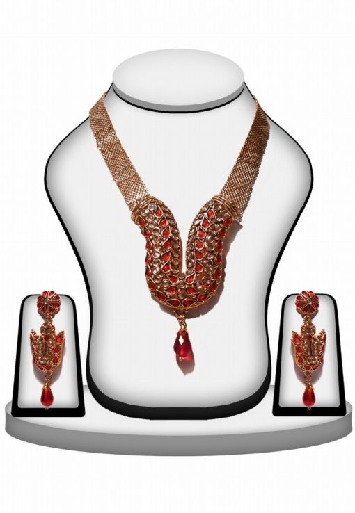 Classy Indian Polki Necklace Set With Fashionable Earrings in Red Beads -0