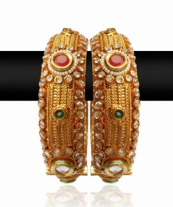 Latest Design Indian Fashion Bangles in Green, White and Red Stones-0