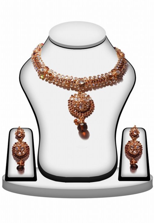 Designer Brown Color Stone Polki Necklace Set with Earrings-0
