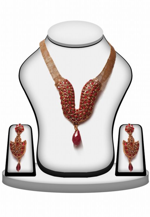 Fashionable Red Colored Polki Necklace Set with Earrings for Parties-0