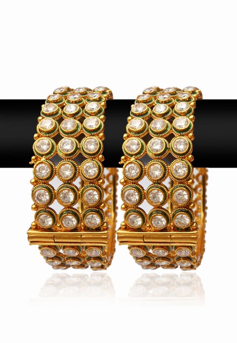 Pair of Golden Bangles with White Stones Arranges in an Intricate Design-0