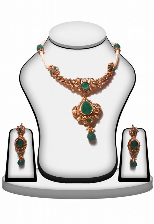 Jaipur Fashion Necklace and Earrings Polki Jewelry Set In Green Stones-0