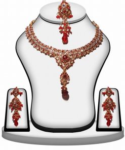 Polki Bridal Jaipur Jewellery Set with Earrings in Red and White Stones-0
