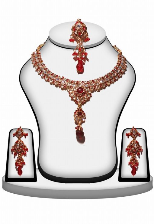Polki Bridal Jaipur Jewellery Set with Earrings in Red and White Stones-0