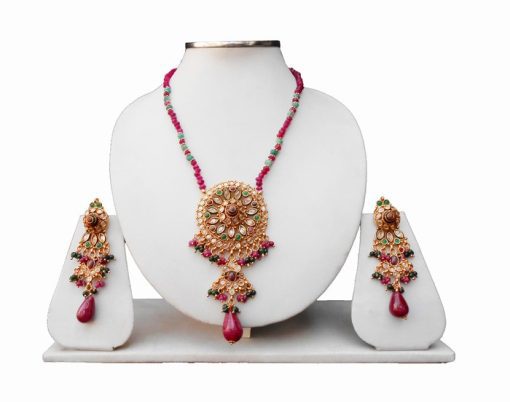 Shop Online Beautiful Red And Green Polki Pendant Set With Earrings-0