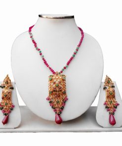 Latest Design in Red and Green Polki Pendant Set with Beautiful Earrings-0