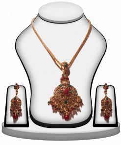 Traditional Designer Polki Pendant Set in Red and Green Stone -0