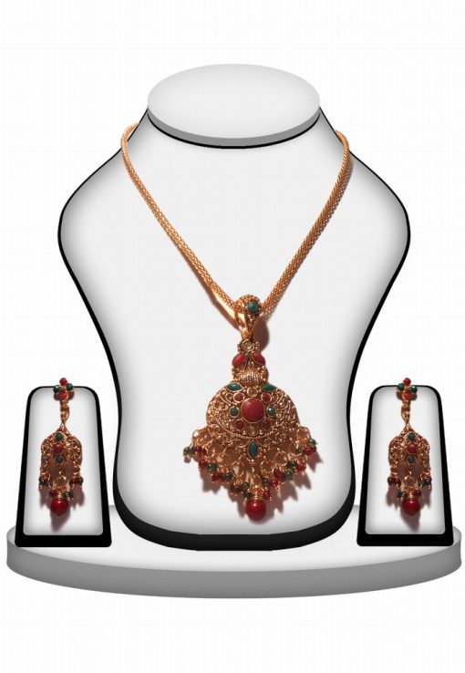 Traditional Designer Polki Pendant Set in Red and Green Stone -0