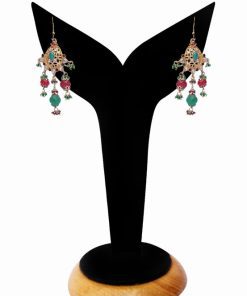 Buy Elegant Red, Green and White Stone Studded Earrings With Antique Polish-0
