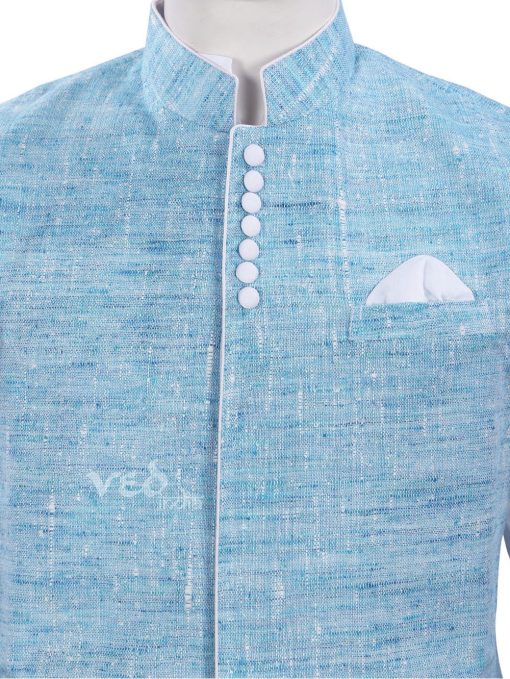 Aqua Blue Nehru Suit Party Wear Jacket in Linen for Men-2434