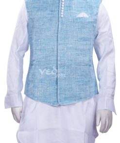 Aqua Blue Nehru Suit Party Wear Jacket in Linen for Men-0