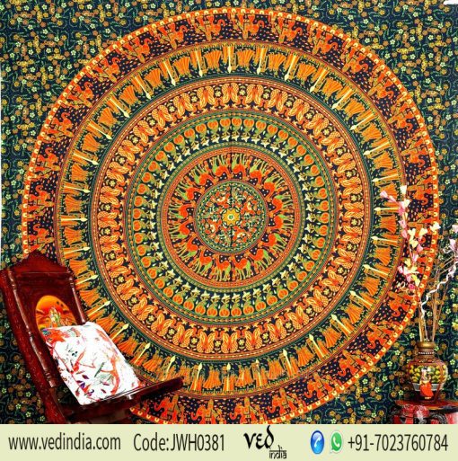 Bohemian Mandala Elephant Wall Tapestry in Round Green Ethnic Print-0
