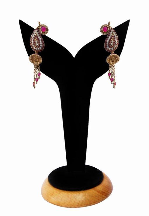 Red and White Polki Earrings with American Diamonds from India for Festivals-0