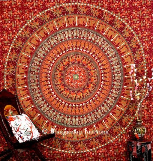 Maroon Mandala Elephant Boho Dorm Wall Tapestry Bedspread Queen-0