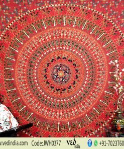 Mandala Elephant Psychedelic Indian Tapestry Bedspread in Red-0