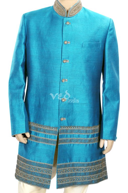 Turquoise Raw Silk Traditional Indo Western Sherwani for Men-2624