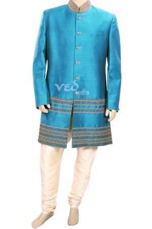 Turquoise Raw Silk Traditional Indo Western Sherwani for Men-0