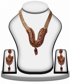 Beautiful Party Wear Polki Necklace Set in Red and White Stones -0