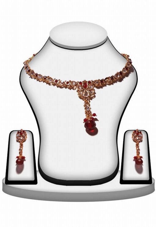 Buy Red and White Colored Stone Bridal Polki Necklace Set -0