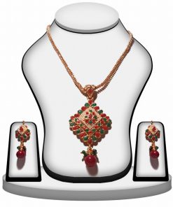 Bridal Polki Pendant Set with Earrings with Red, Green And Pearls -0
