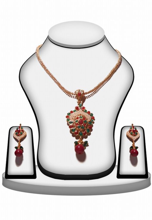 Designer Polki Pendant Set with Jhumkas From India in Red, Green and Pearls-0