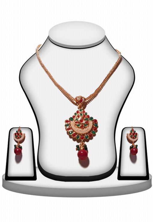 Elegant Fashionable Polki Pendant with Red, Green and Pearls-0