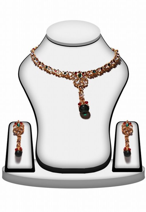 Ethnic Designer Polki Necklace Set with Earrings in Red, Green & White-0