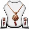 Ethnic Designer Polki Pendant and Earring Set in Red, Green and Pearls-0