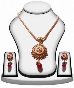 Ethnic Designer Polki Pendant and Earring Set in Red, Green and Pearls-0