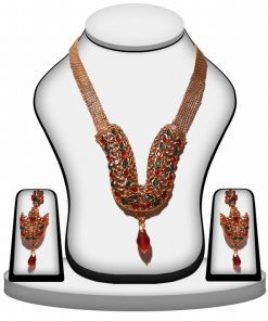 Fashionable Women Polki Necklace Set in Red, Green and White-0