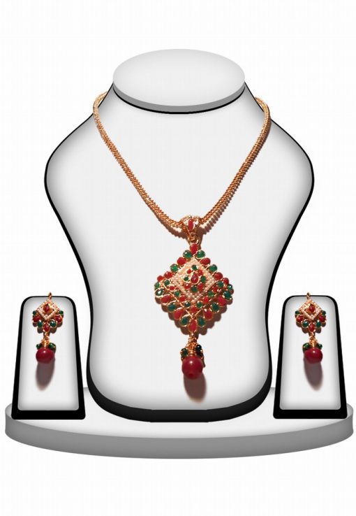 Latest Design Red, Green & Pearls Polki pendant Set with Antique Polish-0