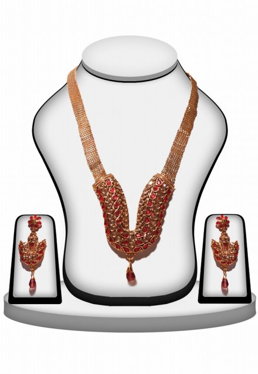 Red and White Designer Polki Necklace Set with Earrings-0