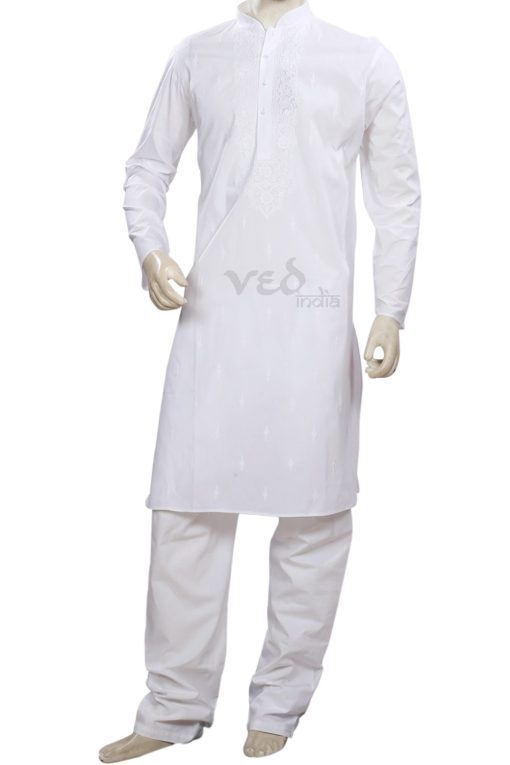 Casual Wear White Traditional Cotton Kurta Pajama Set -0