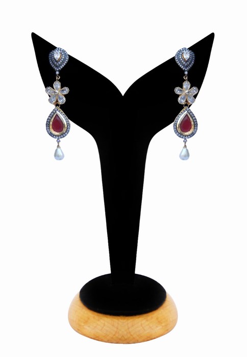 American Diamond Earrings for Girls in Red and White Stones-0