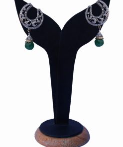 Green and White American Diamond Earrings from India for Festivals-0