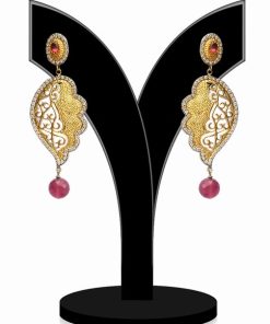 Antique Polish Party Dangle Earrings in Red Stones from India-0