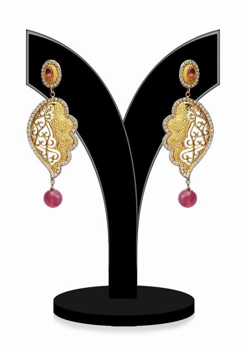 Antique Polish Party Dangle Earrings in Red Stones from India-0