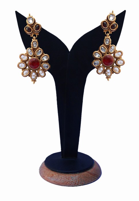 Beautiful Polki Earrings for Girls in Red and White Stones-0