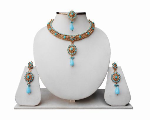 Beautiful Turquoise LCD Necklace Set With Tikka and Earrings for Wedding-0