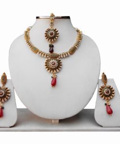 Red and Green Bridal Jewellery Set with Indian Tikka and Earrings for Women-0