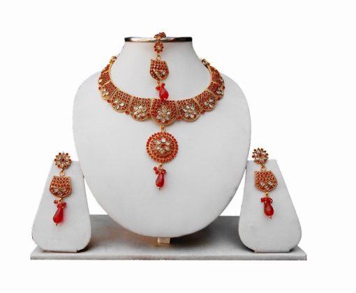 Bridal LCD Necklace Set in Orange Stones and Beads with Earrings and Tikka-0