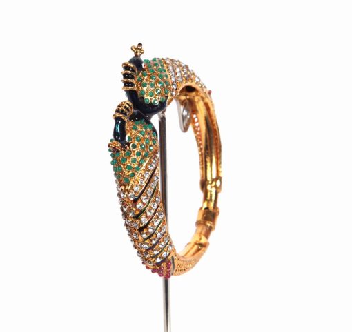 Finely Designed Peacock Bangle with White and Green Stones from India-0