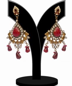 Designer Fashion Earrings for Girls in Red and White Stones-0