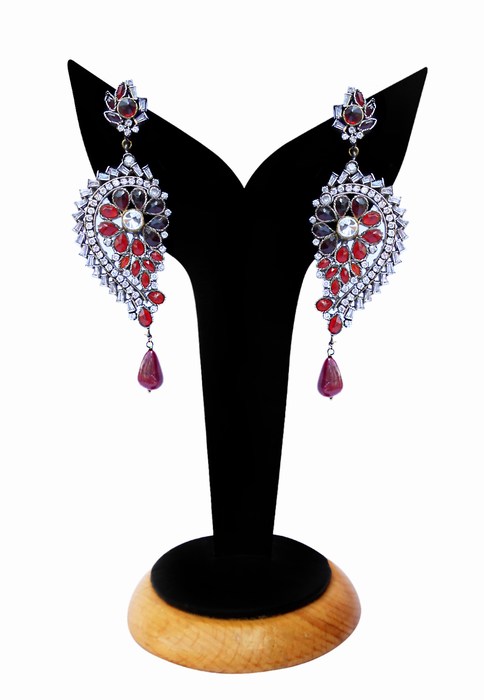 Designer Girls Earrings in Red and White Stones for Parties-0