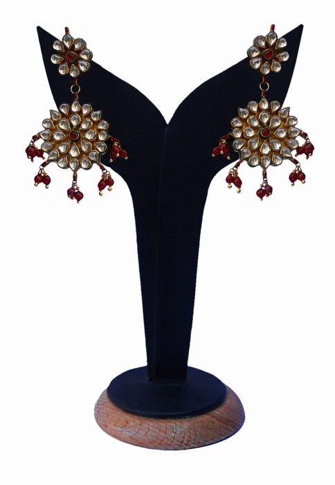 Designer Indian Kundan Earrings for Women in Red and White Stones-0
