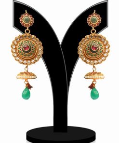 Classy Round Shaped Women Jhumkas in Red and Green Beads-0