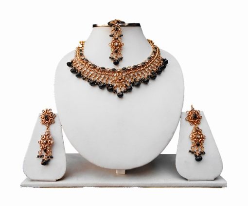 Latest Design Black Polki Tikka, Jhumkas and Necklace Jewelry Set From India-0