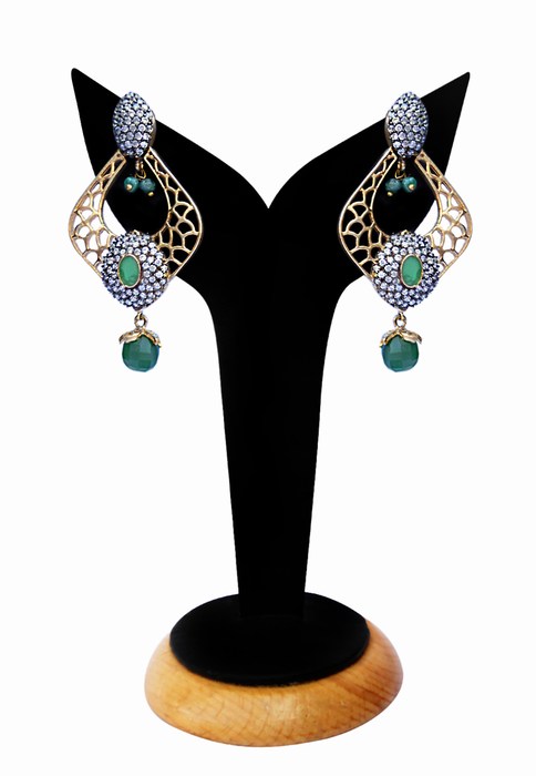 Pretty Party Earrings with Antique Polish and Green and White Stones-0