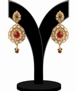 Shop Online Designer Polki Earrings With Red, Green and White Beads-0
